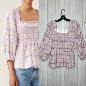 Ganni Organic Seersucker Orchid Bloom Check Top size 38 6/M